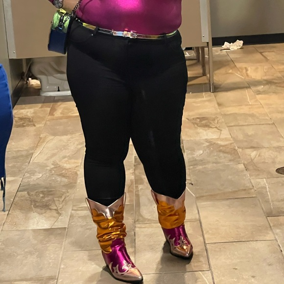 Multi Colored Metallic Chunky Block Heel Cowgirl Boots - Picture 8 of 9